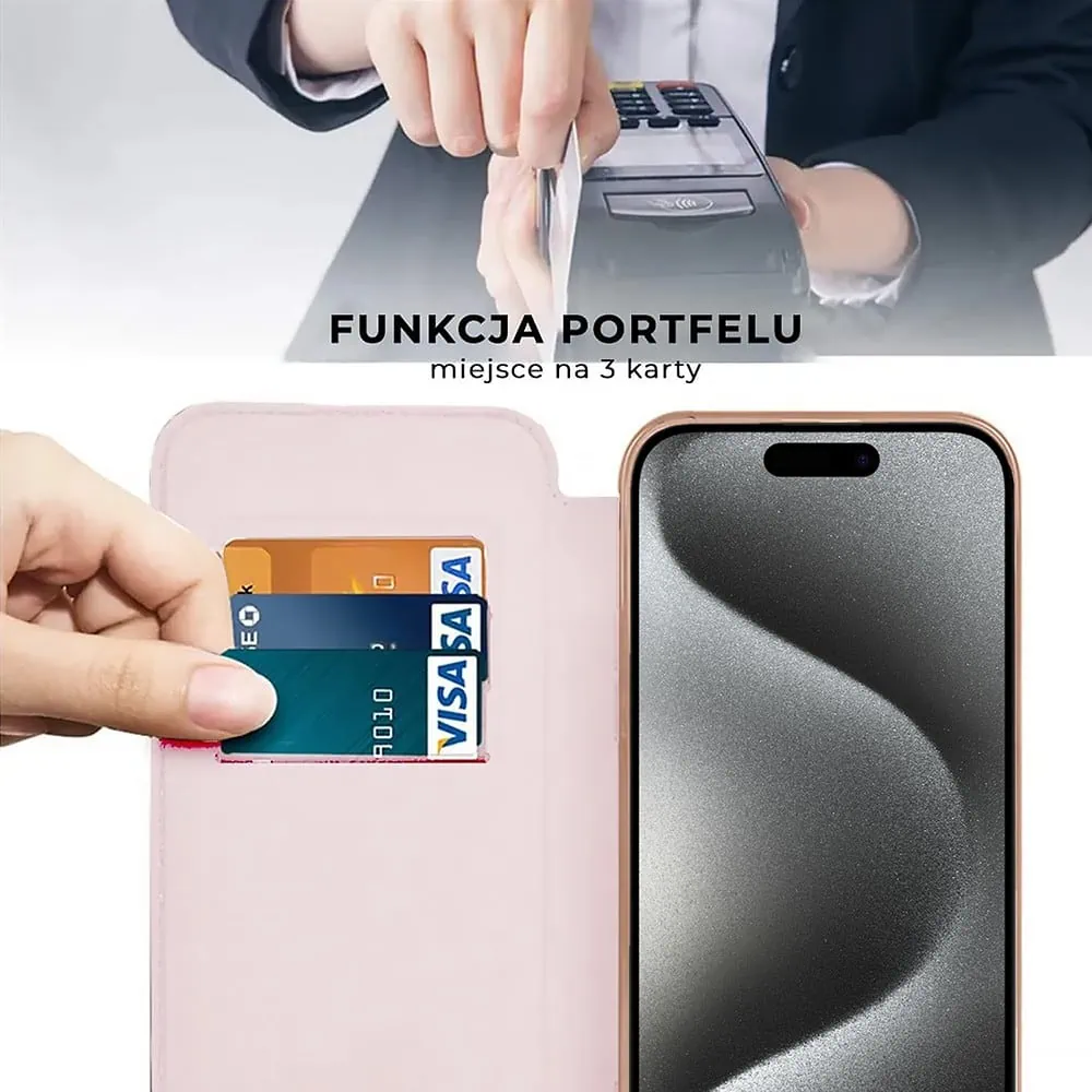 Etui do iPhone 15 Pro typu książka Book Magsafe Lens Protect, z klapką, różowe