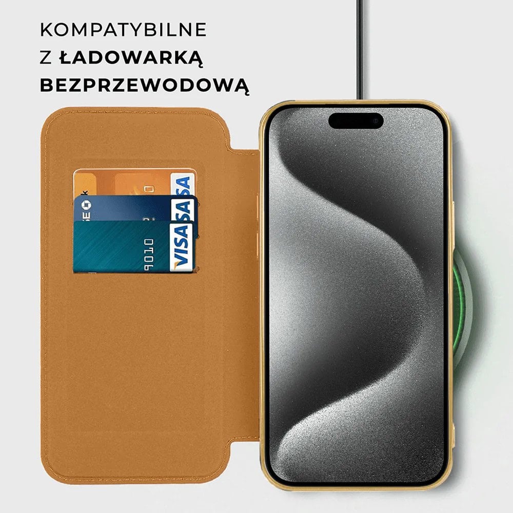 Etui do iPhone 15 Pro typu książka Book Magsafe Lens Protect, z klapką, złote