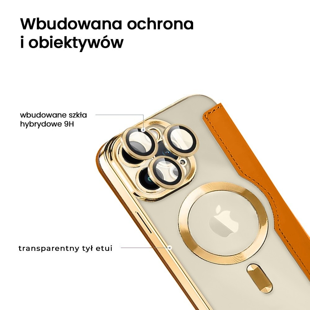 Etui do iPhone 15 Pro typu książka Book Magsafe Lens Protect, z klapką, złote
