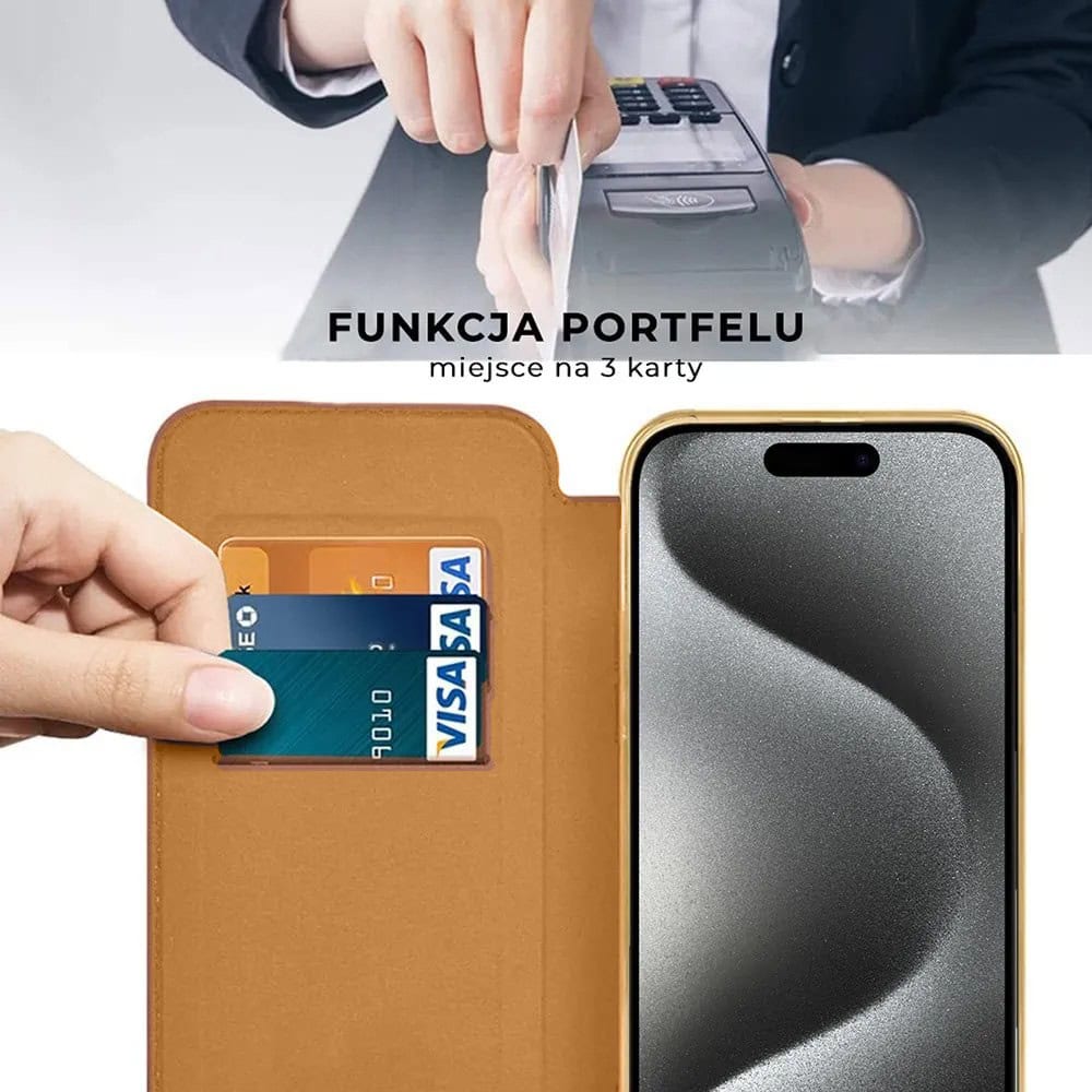 Etui do iPhone 15 Pro typu książka Book Magsafe Lens Protect, z klapką, złote