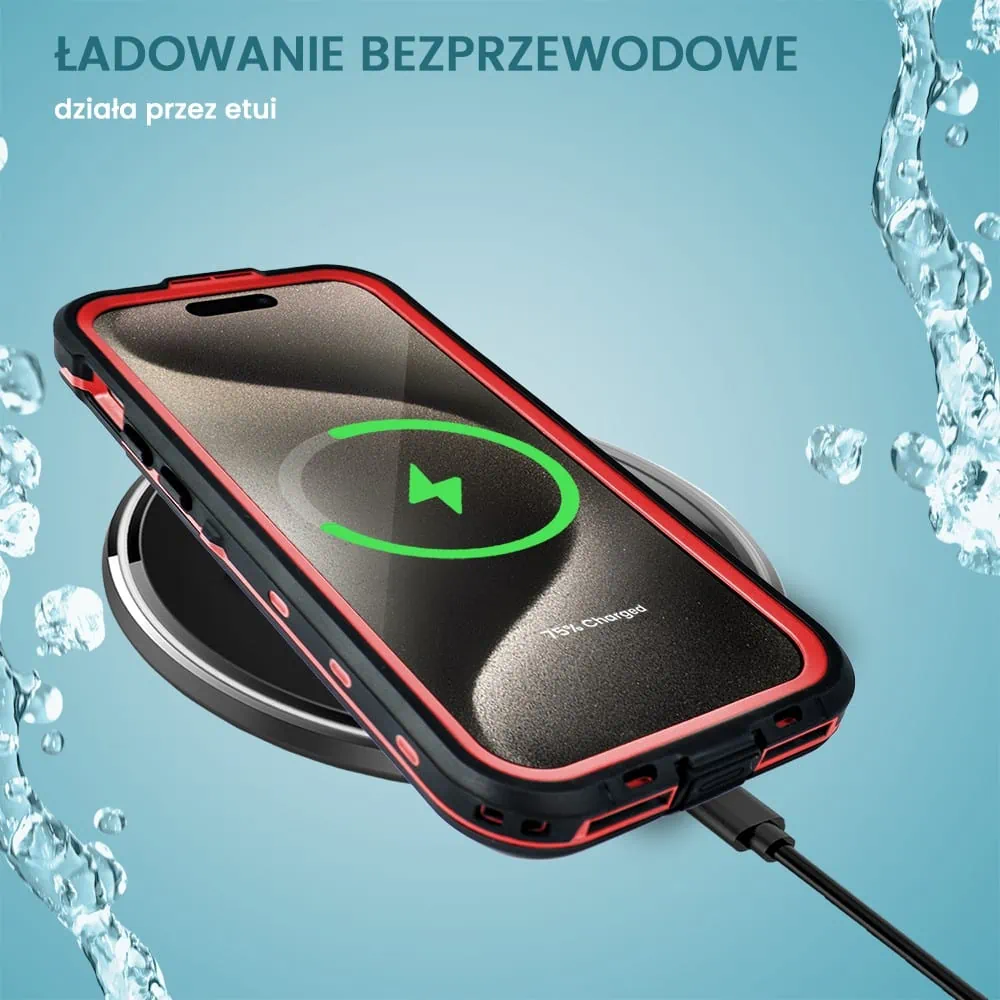 Etui do iPhone 15 Pro Max wodoodporne z MagSafe, pancerne, przeźroczyste, czerwone