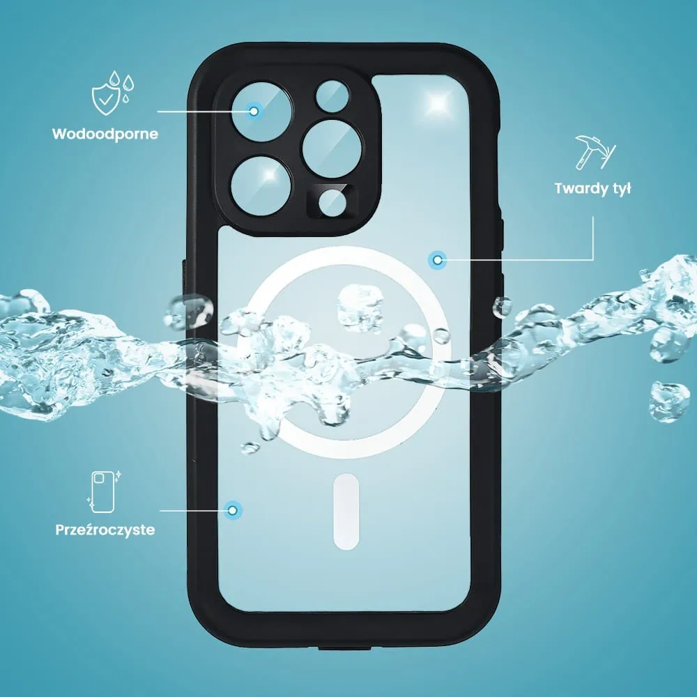 Etui do iPhone 15 Pro Max wodoodporne z MagSafe, pancerne, przeźroczyste, czerwone
