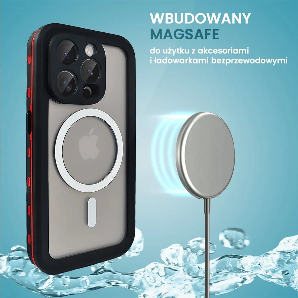 Etui do iPhone 15 Pro Max wodoodporne z MagSafe, pancerne, przeźroczyste, czerwone