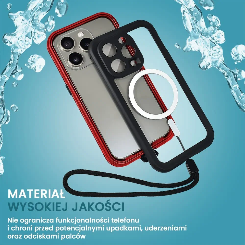 Etui do iPhone 15 Pro Max wodoodporne z MagSafe, pancerne, przeźroczyste, czerwone