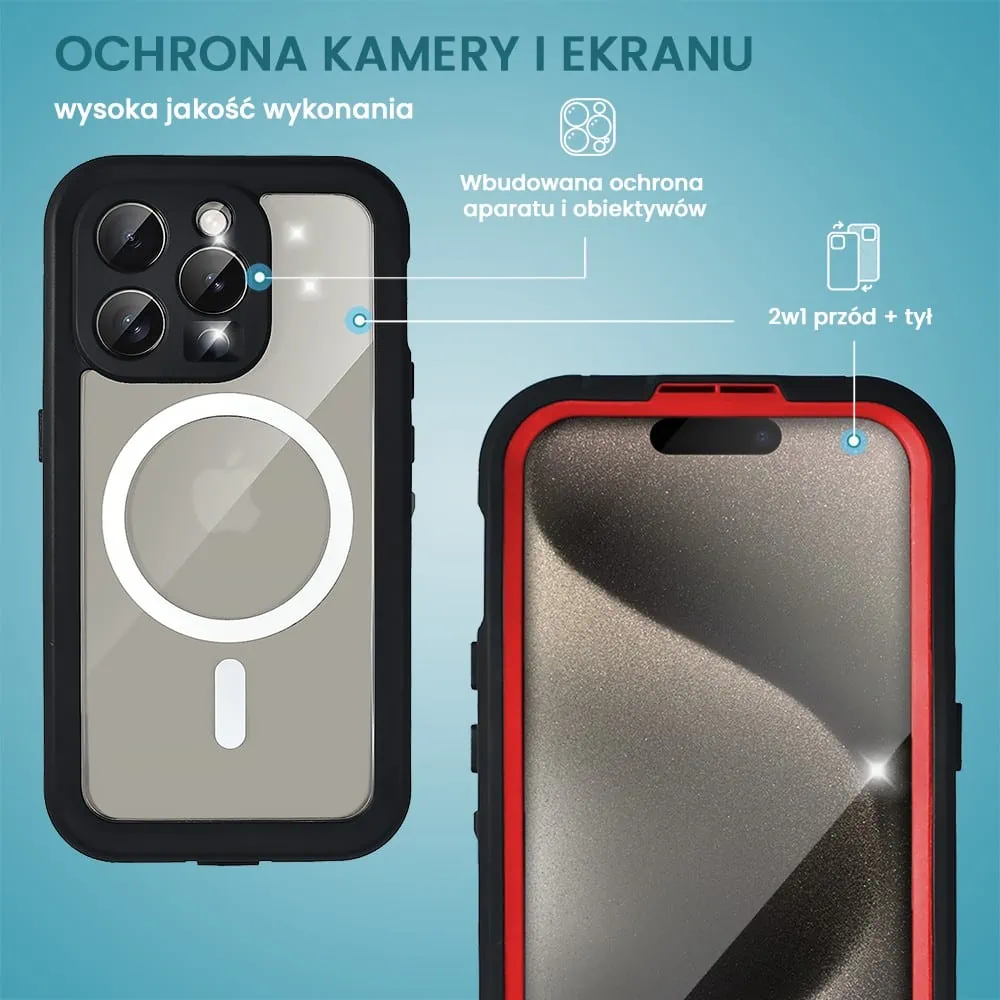 Etui do iPhone 15 Pro Max wodoodporne z MagSafe, pancerne, przeźroczyste, czerwone