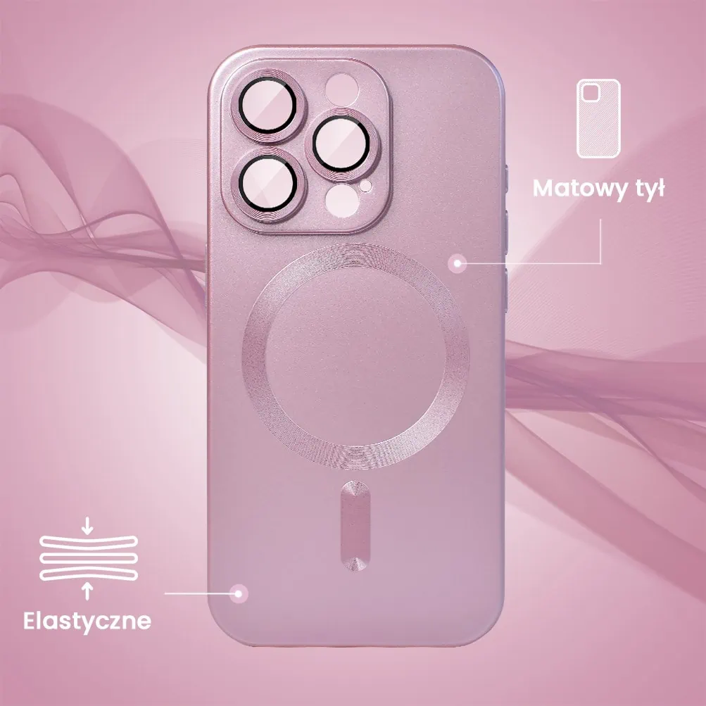 Etui do iPhone 15 Pro z Magsafe, cienkie, metaliczne, z osłoną aparatu, złoty róż