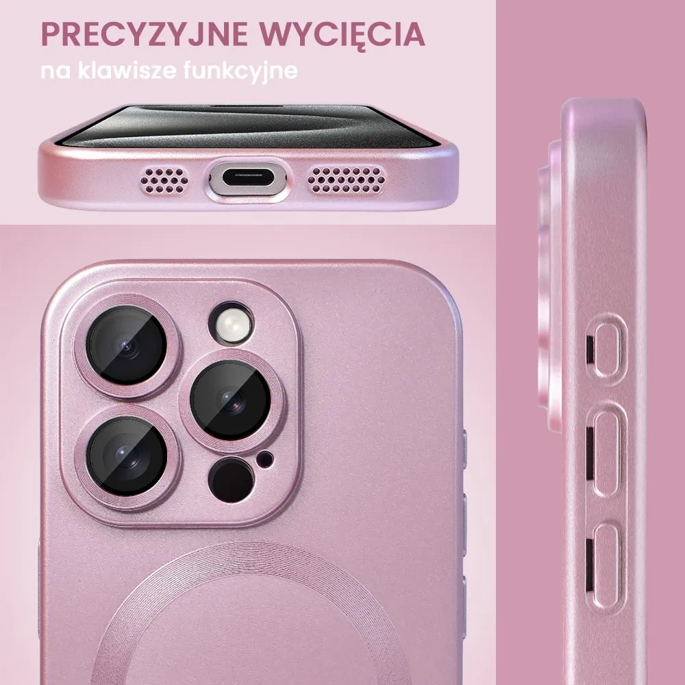 Etui do iPhone 15 Pro z Magsafe, cienkie, metaliczne, z osłoną aparatu, złoty róż