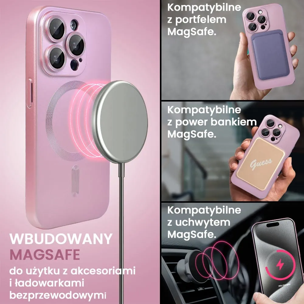 Etui do iPhone 15 Pro z Magsafe, cienkie, metaliczne, z osłoną aparatu, złoty róż