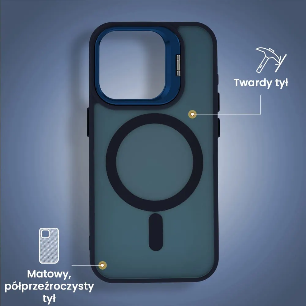 Etui do iPhone 15 Pro Max Arctic Stand, półprzeźroczyste, z osłoną aparatu i podstawką, głęboki niebieski