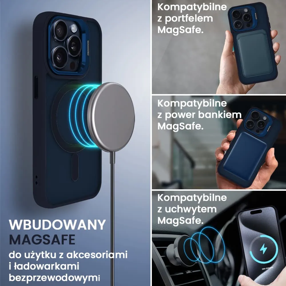 Etui do iPhone 15 Pro Max Arctic Stand, półprzeźroczyste, z osłoną aparatu i podstawką, głęboki niebieski