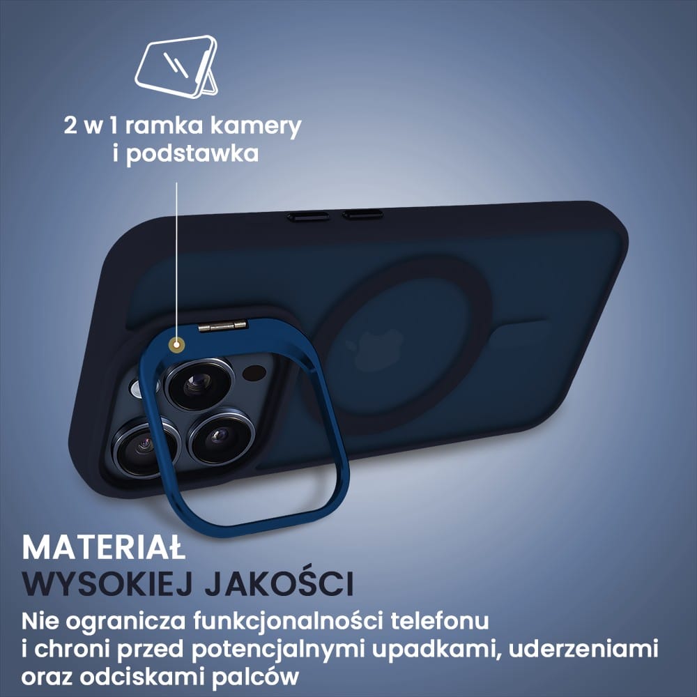 Etui do iPhone 15 Pro Max Arctic Stand, półprzeźroczyste, z osłoną aparatu i podstawką, głęboki niebieski