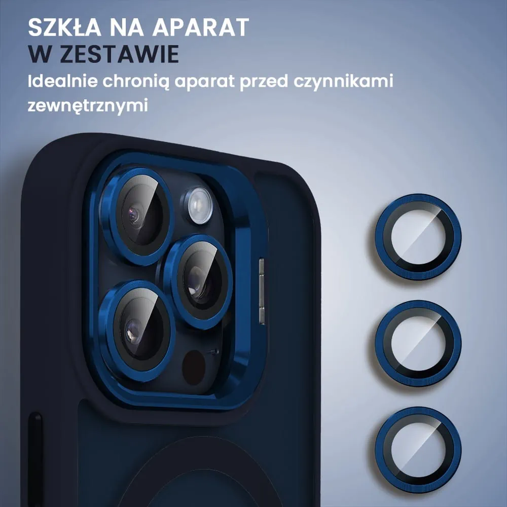 Etui do iPhone 15 Pro Max Arctic Stand, półprzeźroczyste, z osłoną aparatu i podstawką, głęboki niebieski