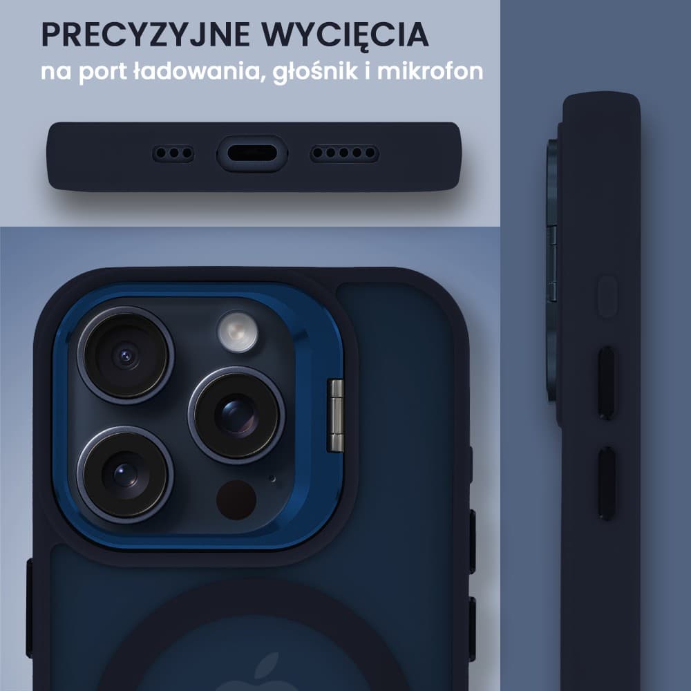 Etui do iPhone 15 Pro Max Arctic Stand, półprzeźroczyste, z osłoną aparatu i podstawką, głęboki niebieski