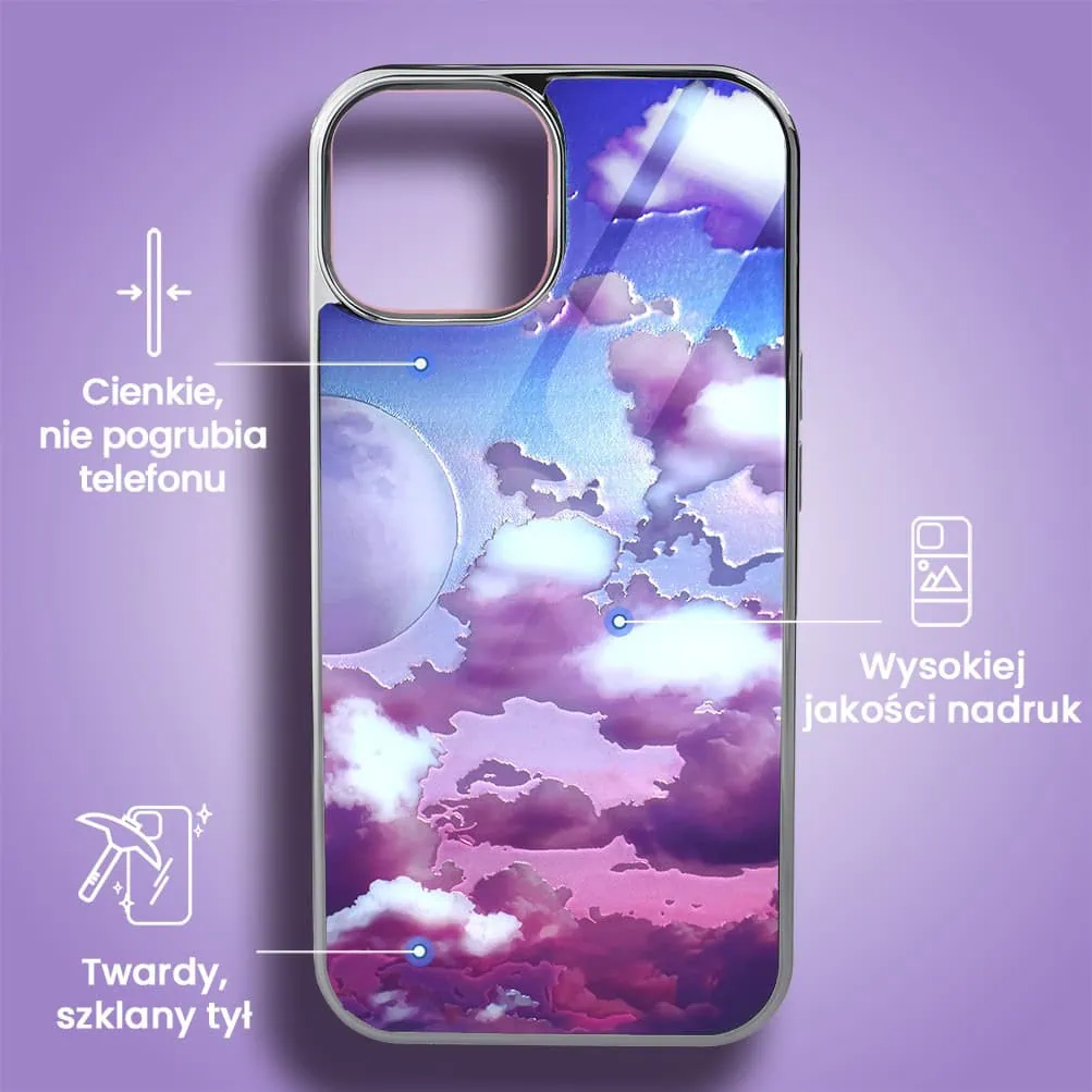 Etui do iPhone 15, Elite Glass, szklany tył, chmurki i księżyc, srebrne