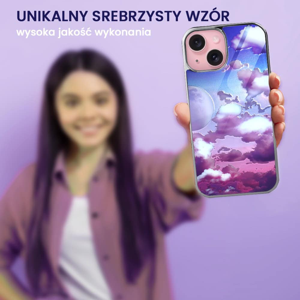 Etui do iPhone 15, Elite Glass, szklany tył, chmurki i księżyc, srebrne