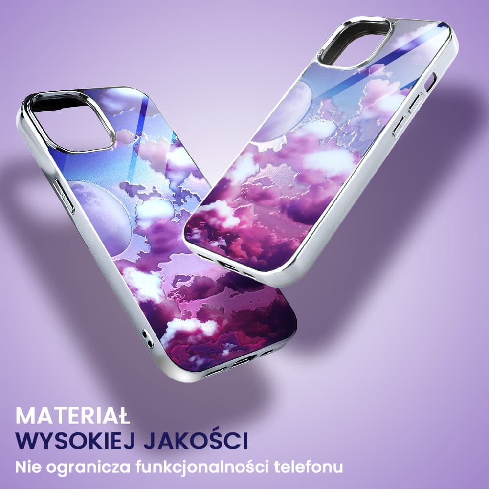 Etui do iPhone 15, Elite Glass, szklany tył, chmurki i księżyc, srebrne