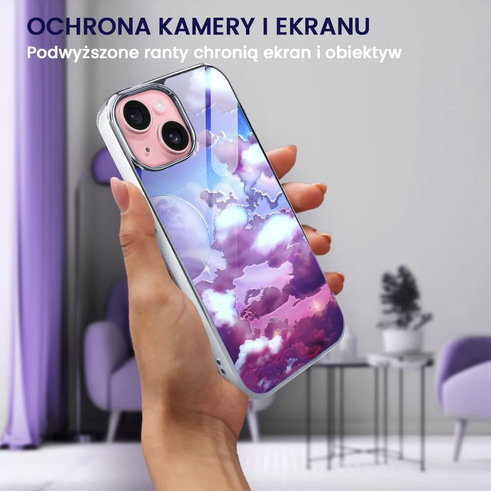 Etui do iPhone 15, Elite Glass, szklany tył, chmurki i księżyc, srebrne