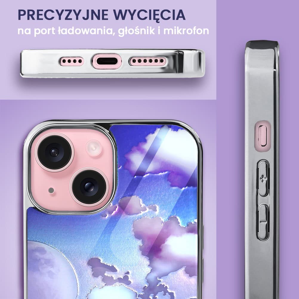 Etui do iPhone 15, Elite Glass, szklany tył, chmurki i księżyc, srebrne