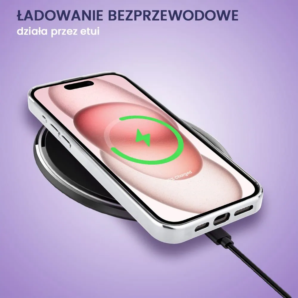 Etui do iPhone 15, Elite Glass, szklany tył, chmurki i księżyc, srebrne