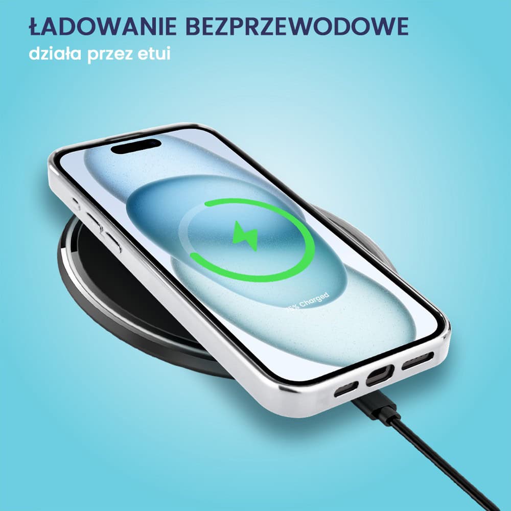 Etui do iPhone 15, Elite Glass, szklany tył, chmurki, srebrne