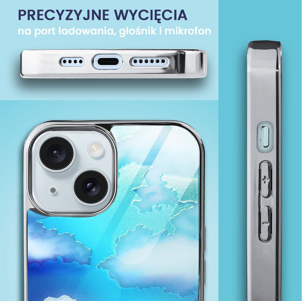 Etui do iPhone 15, Elite Glass, szklany tył, chmurki, srebrne