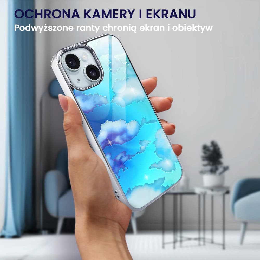 Etui do iPhone 15, Elite Glass, szklany tył, chmurki, srebrne