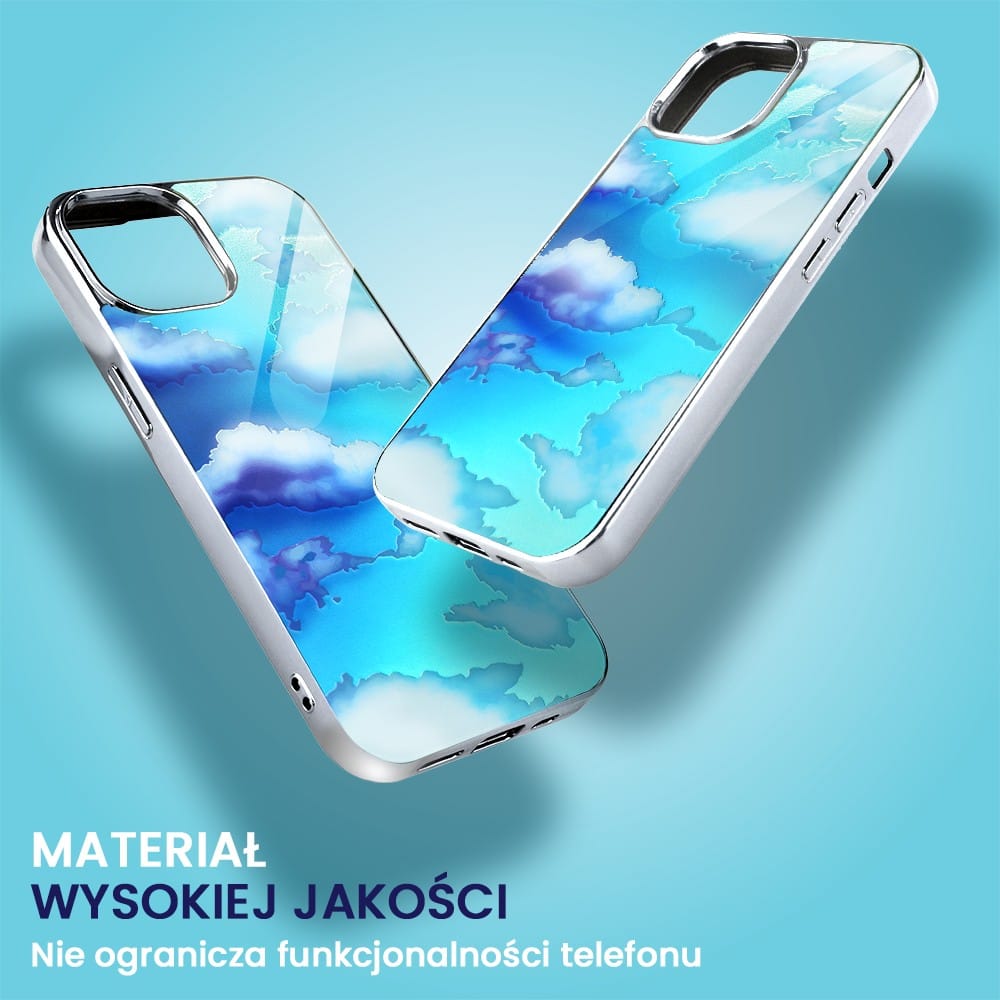 Etui do iPhone 15, Elite Glass, szklany tył, chmurki, srebrne