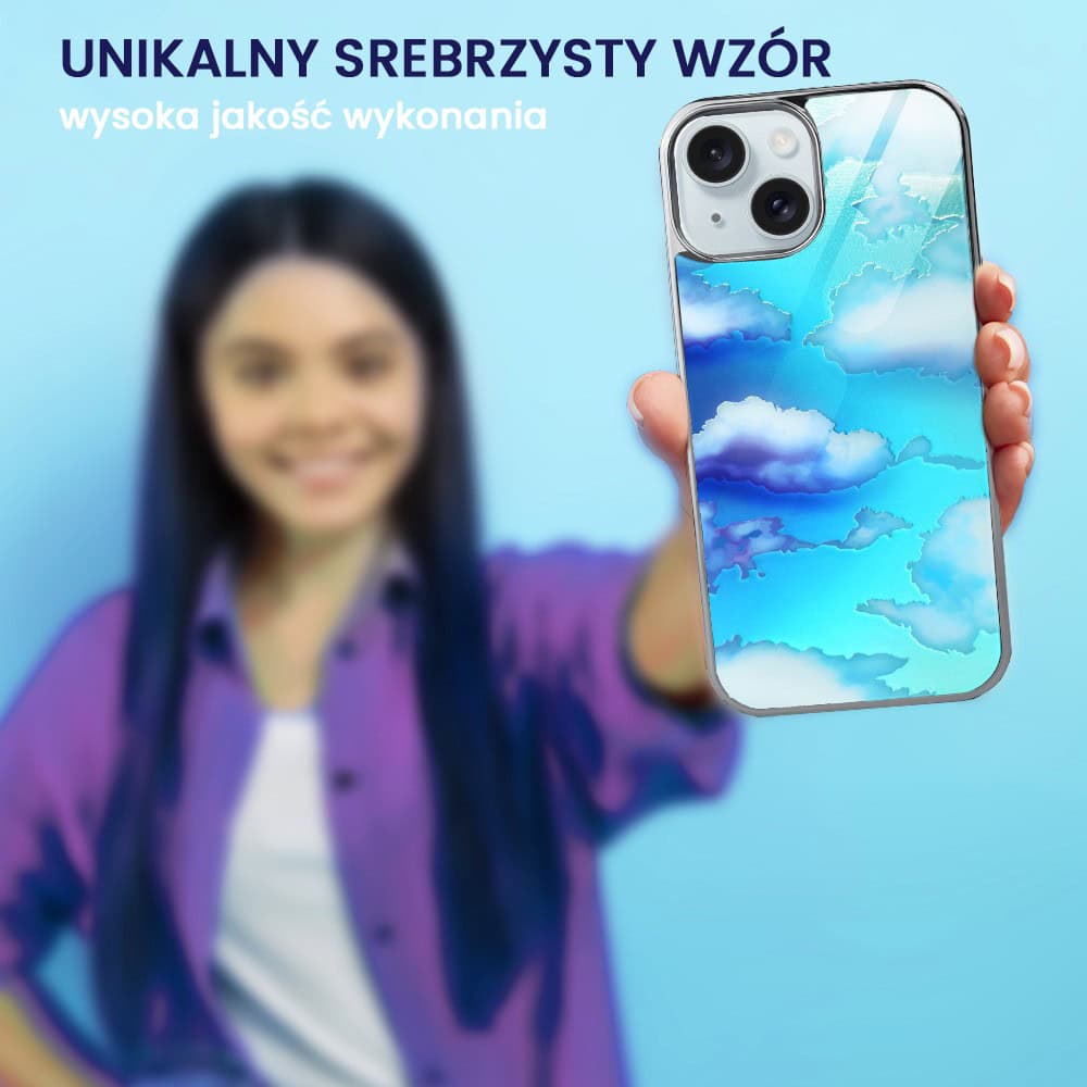 Etui do iPhone 15, Elite Glass, szklany tył, chmurki, srebrne