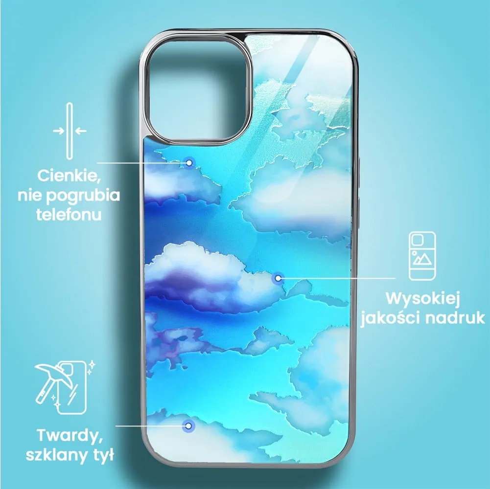 Etui do iPhone 15, Elite Glass, szklany tył, chmurki, srebrne