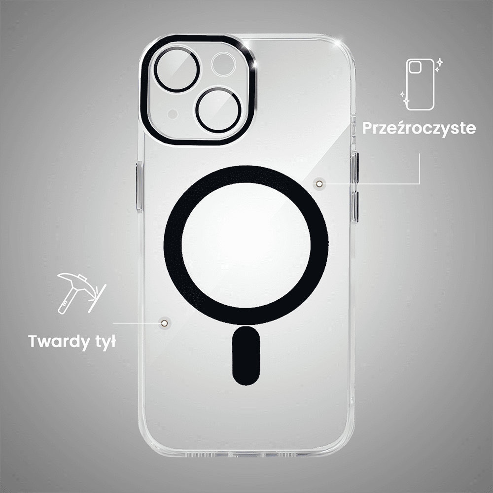 Etui do iPhone 15 Simple Elegance z MagSafe, twardy przeźroczysty tył, hybrydowa ochrona kamery, czarne