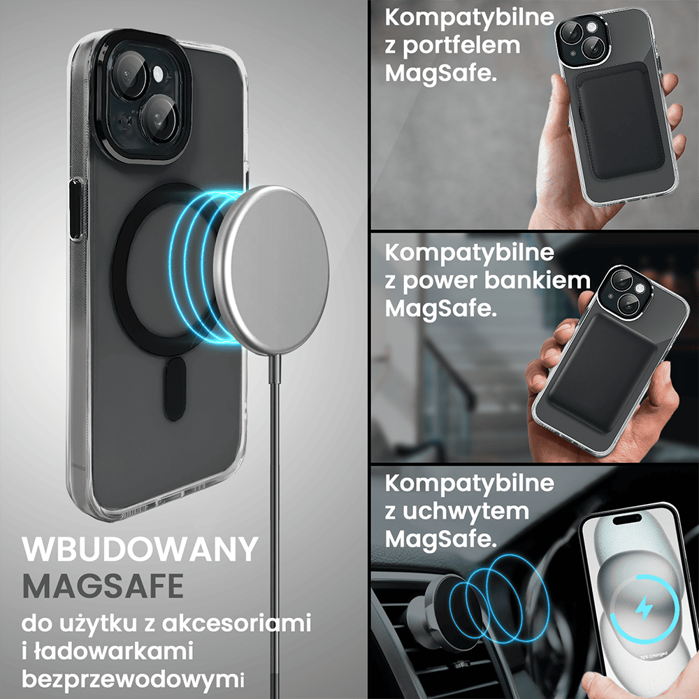 Etui do iPhone 15 Simple Elegance z MagSafe, twardy przeźroczysty tył, hybrydowa ochrona kamery, czarne
