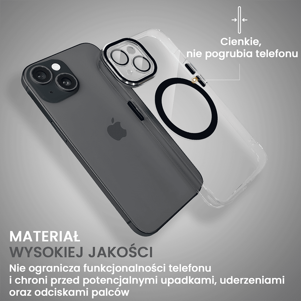 Etui do iPhone 15 Simple Elegance z MagSafe, twardy przeźroczysty tył, hybrydowa ochrona kamery, czarne