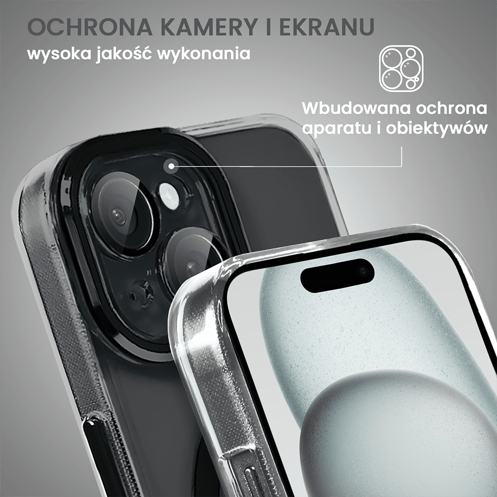 Etui do iPhone 15 Simple Elegance z MagSafe, twardy przeźroczysty tył, hybrydowa ochrona kamery, czarne