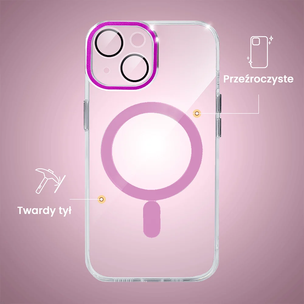 etui do iphone 15 simple elegance z magsafe, twardy przeźroczysty tył, hybrydowa ochrona kamery, różowe