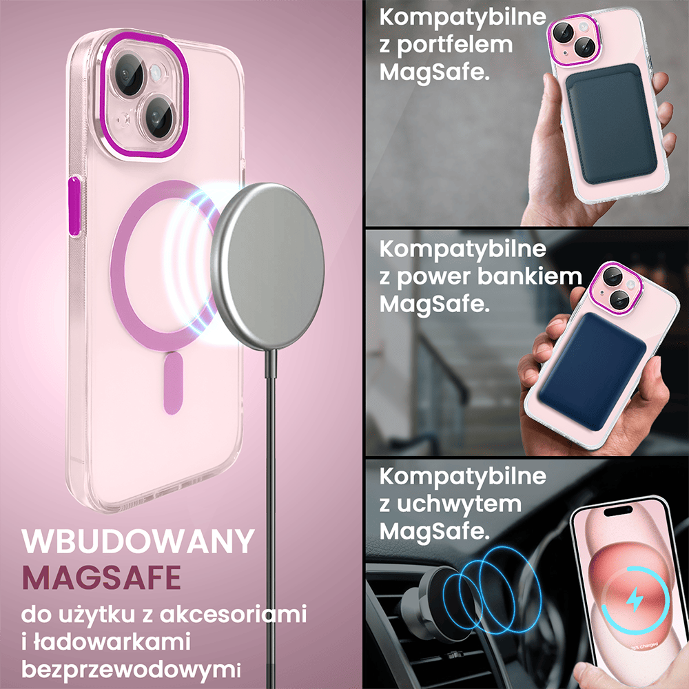 Etui do iPhone 15 Simple Elegance z MagSafe, twardy przeźroczysty tył, hybrydowa ochrona kamery, różowe