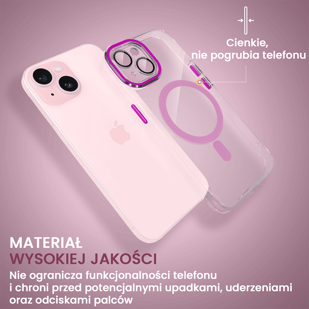 Etui do iPhone 15 Simple Elegance z MagSafe, twardy przeźroczysty tył, hybrydowa ochrona kamery, różowe