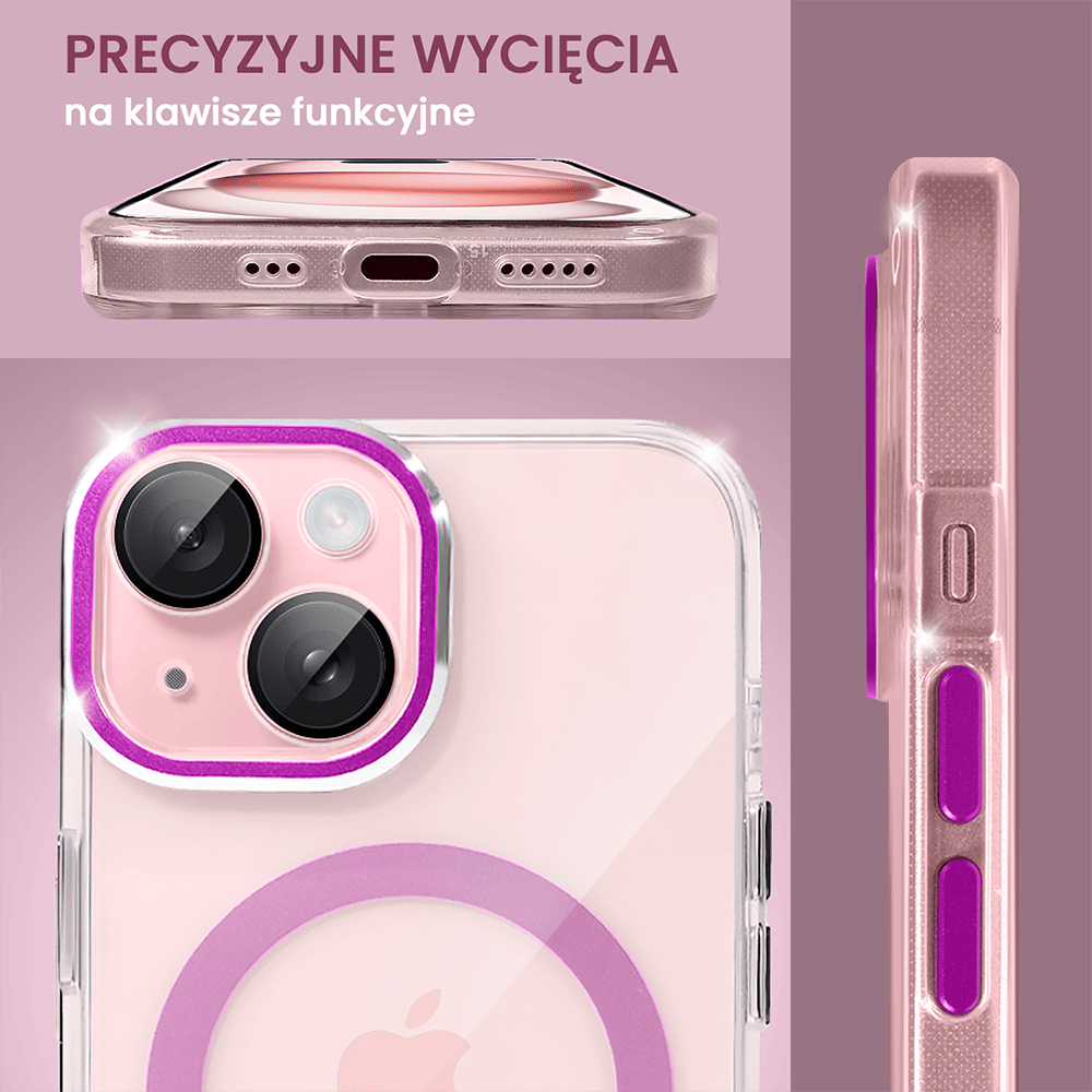 Etui do iPhone 15 Simple Elegance z MagSafe, twardy przeźroczysty tył, hybrydowa ochrona kamery, różowe