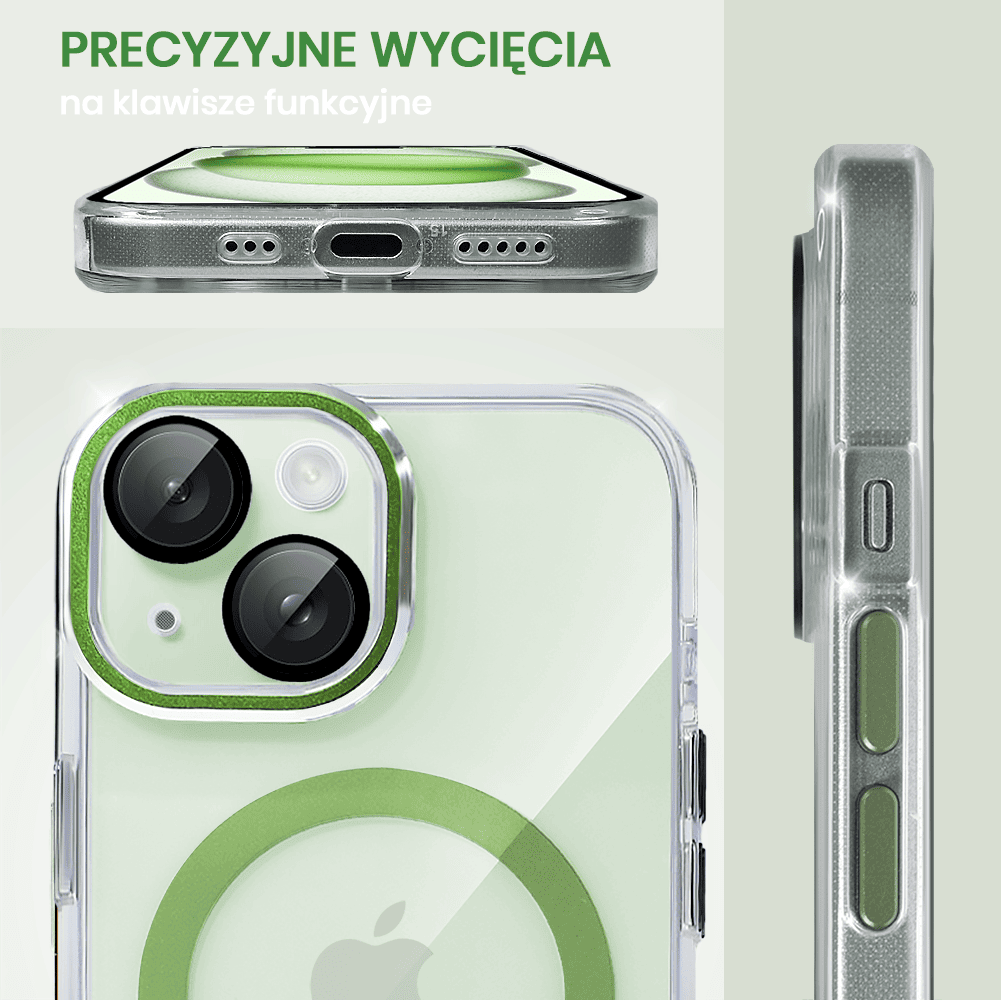 Etui do iPhone 15 Simple Elegance z MagSafe, twardy przeźroczysty tył, hybrydowa ochrona kamery, zielone
