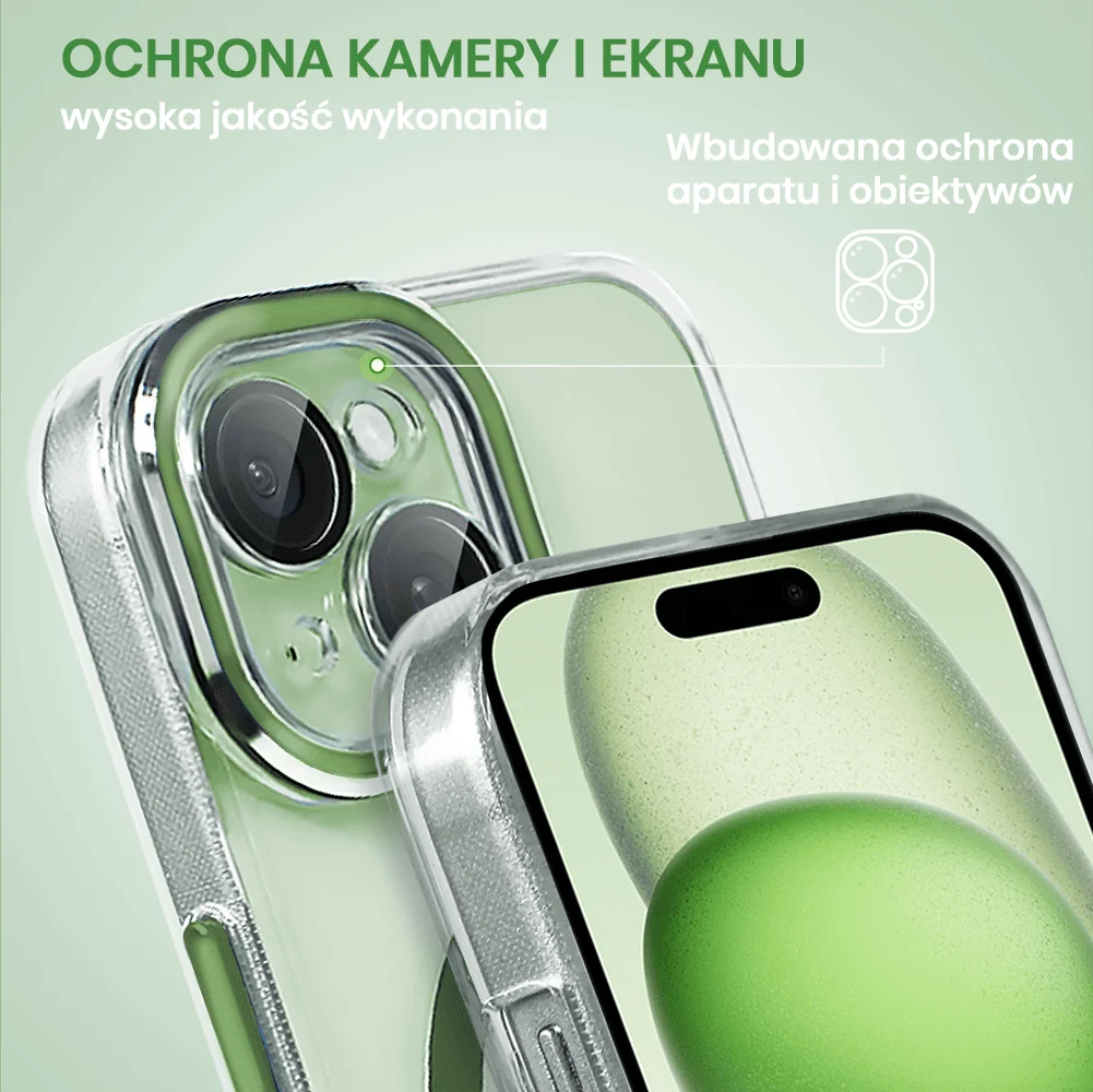 Etui do iPhone 15 Simple Elegance z MagSafe, twardy przeźroczysty tył, hybrydowa ochrona kamery, zielone