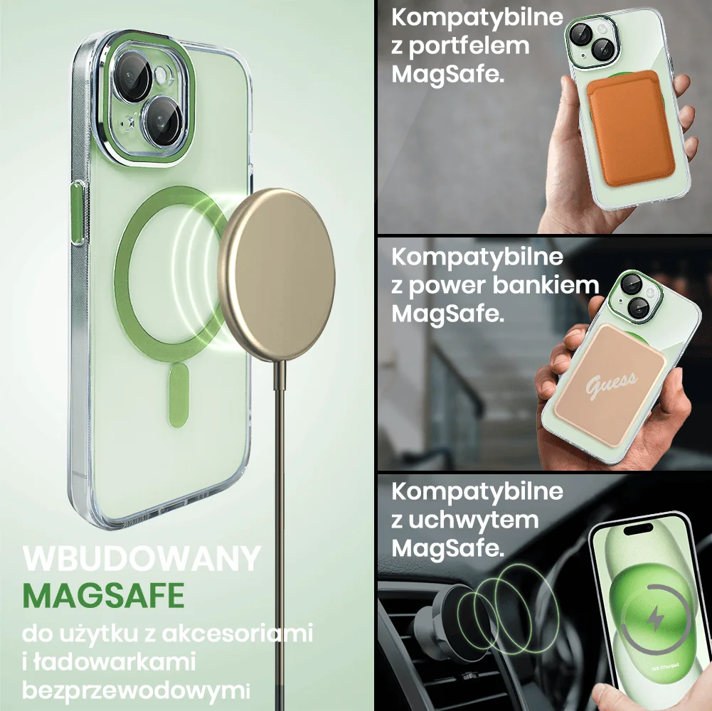 Etui do iPhone 15 Simple Elegance z MagSafe, twardy przeźroczysty tył, hybrydowa ochrona kamery, zielone