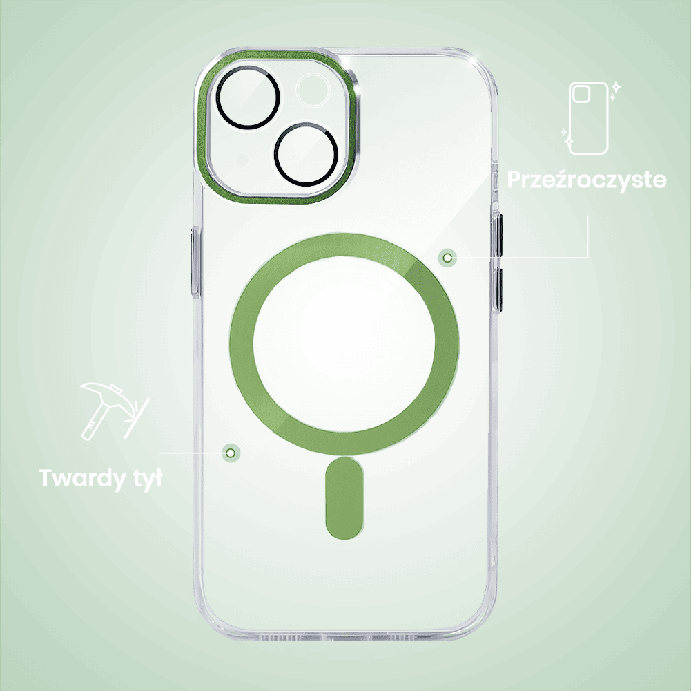 Etui do iPhone 15 Simple Elegance z MagSafe, twardy przeźroczysty tył, hybrydowa ochrona kamery, zielone