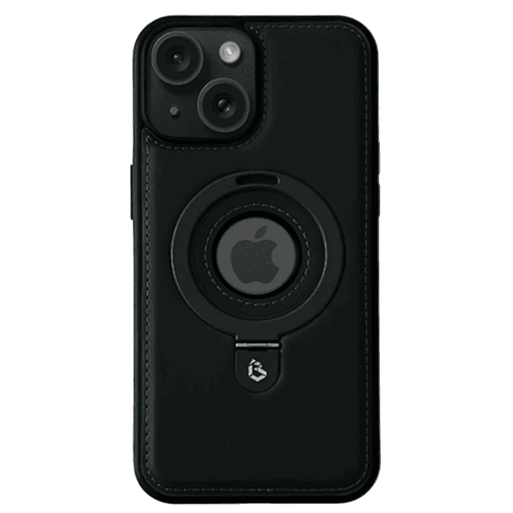Etui do iPhone 15 Slim Leather MagSafe Stand z podstawką i widocznym logo, czarne