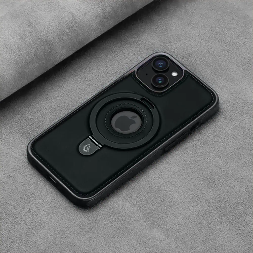 Etui do iPhone 15 Slim Leather MagSafe Stand z podstawką i widocznym logo, czarne