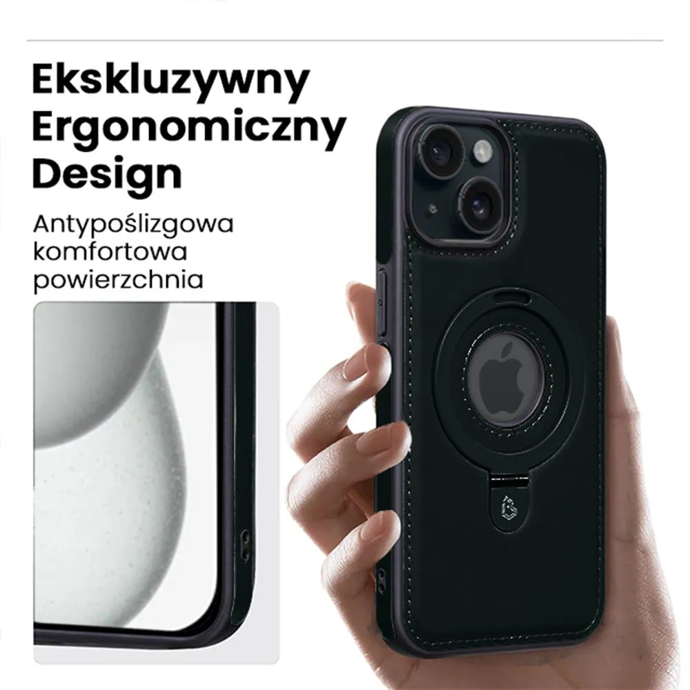 Etui do iPhone 15 Slim Leather MagSafe Stand z podstawką i widocznym logo, czarne