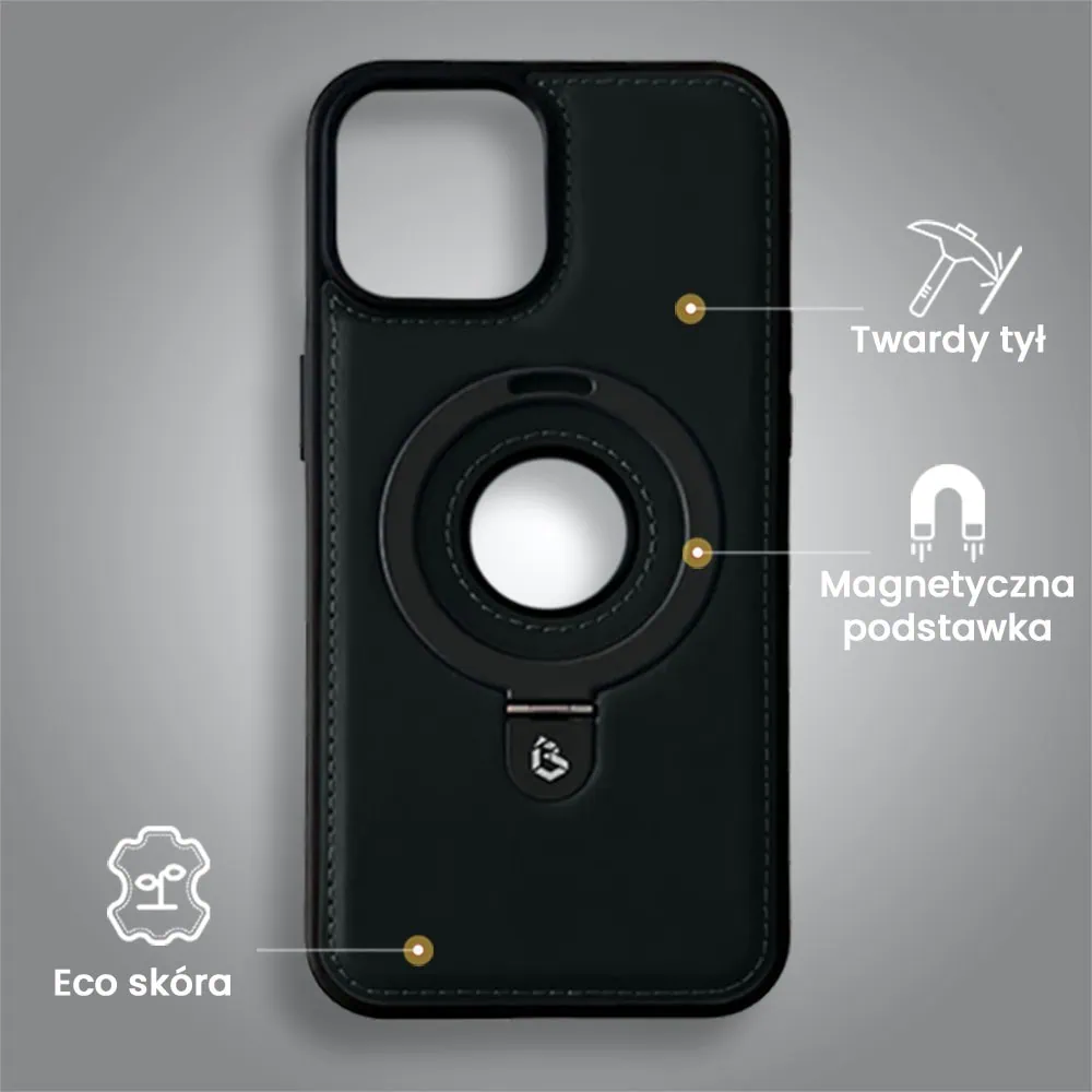 Etui do iPhone 15 Slim Leather MagSafe Stand z podstawką i widocznym logo, czarne