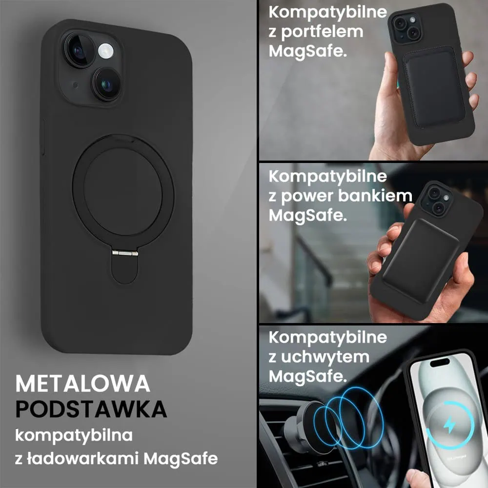 Etui do iPhone 15 Soft Silicone MagSafe Stand z podstawką, czarne