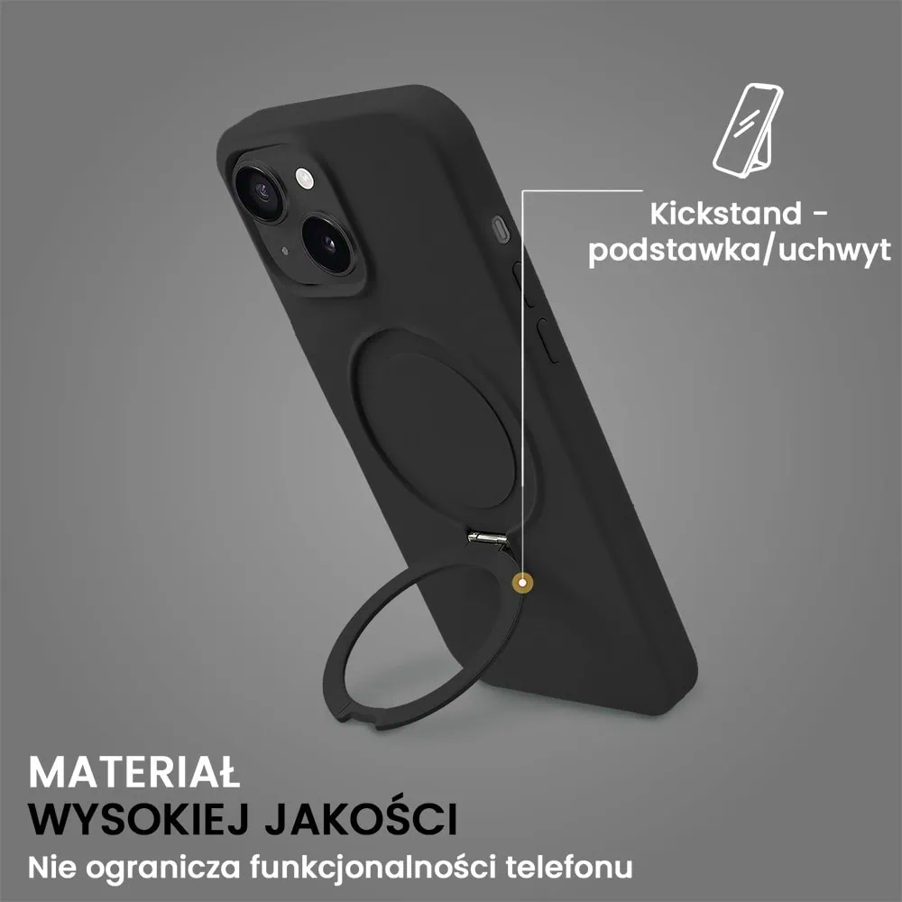 Etui do iPhone 15 Soft Silicone MagSafe Stand z podstawką, czarne