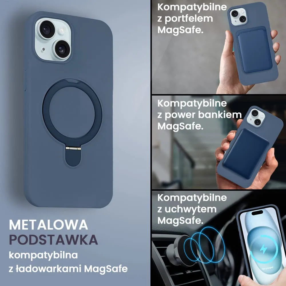 Etui do iPhone 15 Soft Silicone MagSafe Stand z podstawką, granatowe