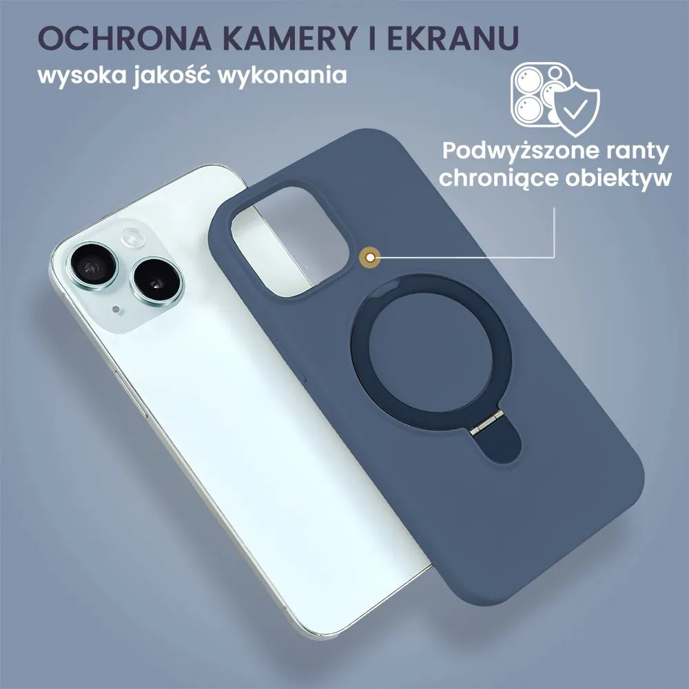 Etui do iPhone 15 Soft Silicone MagSafe Stand z podstawką, granatowe