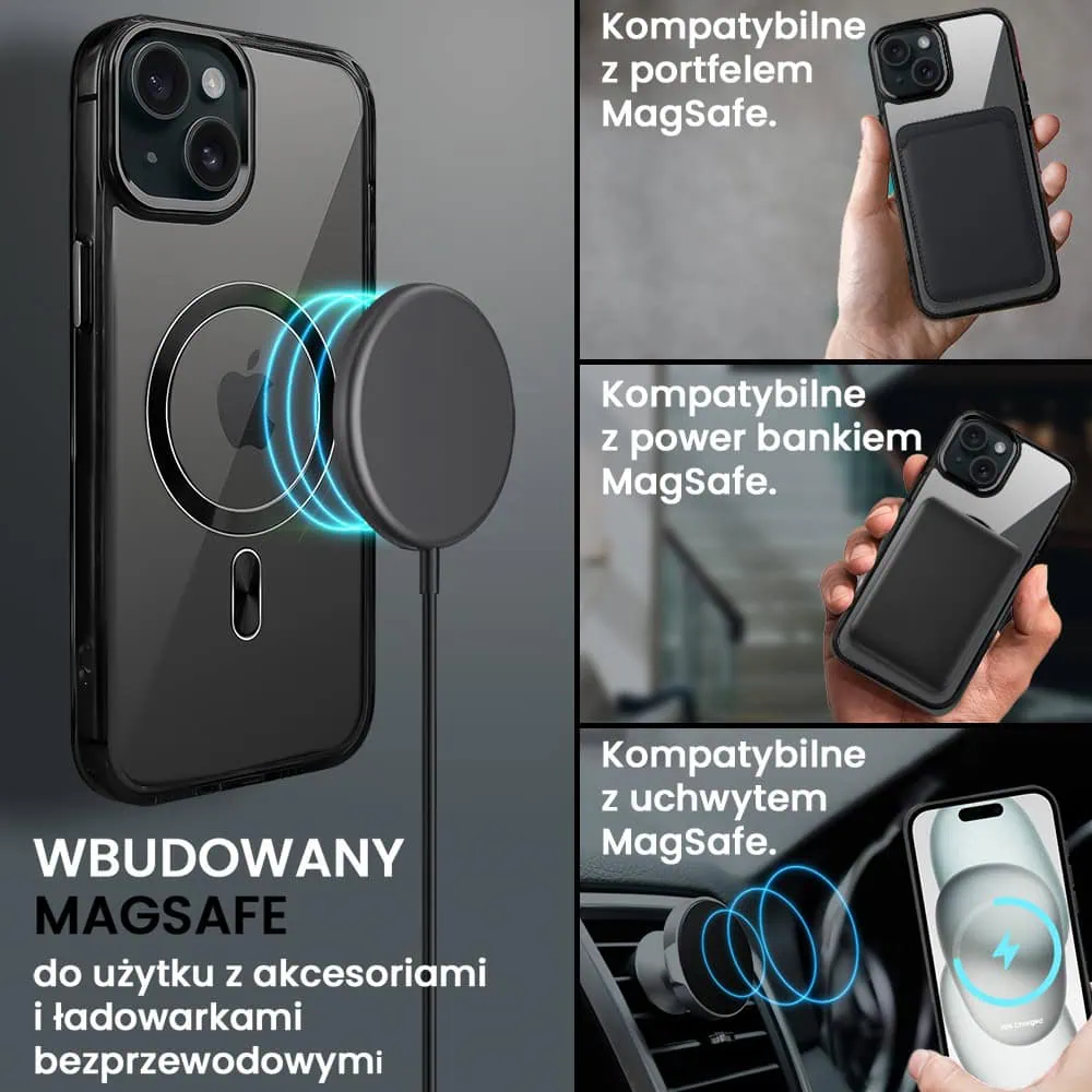 Etui do iPhone 15 Super Hybrid z MagSafe, twardy tył, metalowe ozdoby, czarne